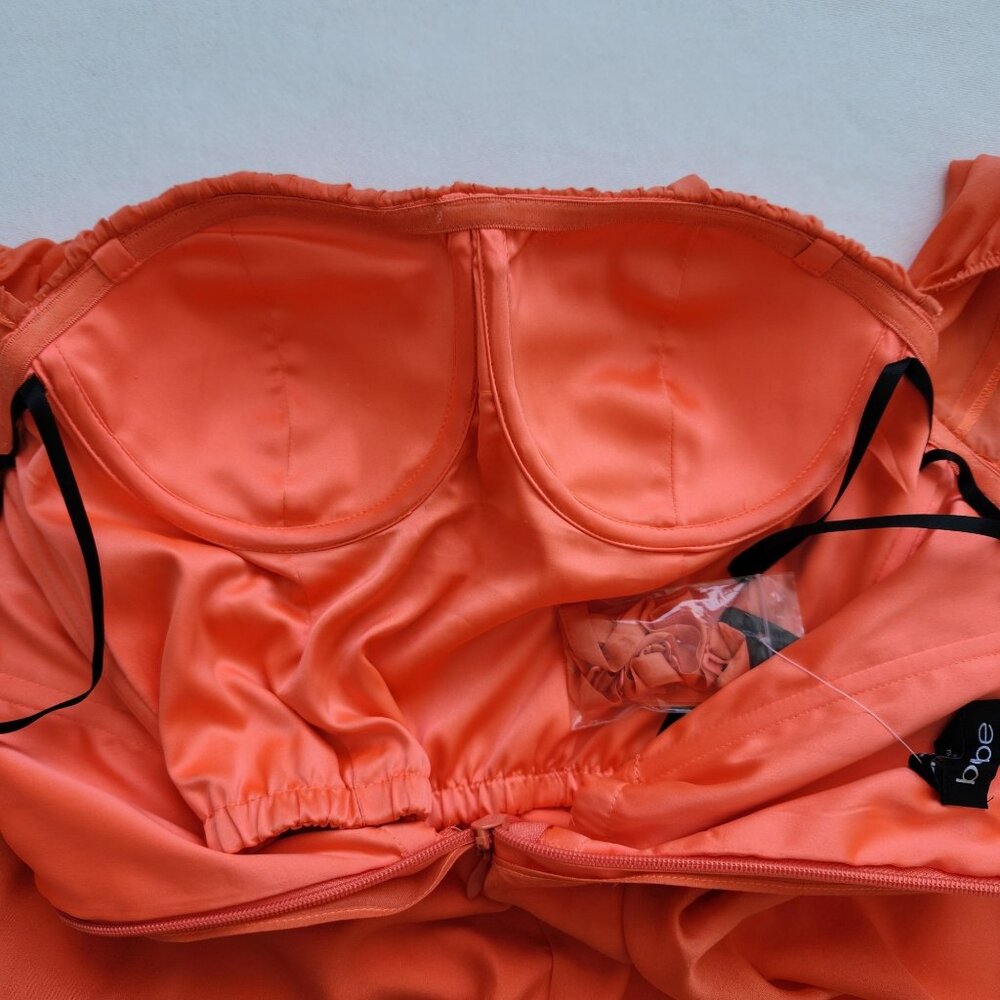 New Bebe Off Shoulder Silk Chiffon Dress Coral Orange Summer Party Taylor Swift - Picture 3 of 10